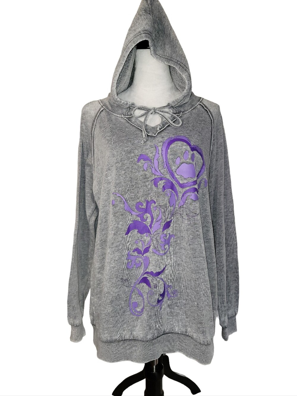 Animal Rescue Gray Hoodie With Purple Paw Heart & Floral Design Size XL
